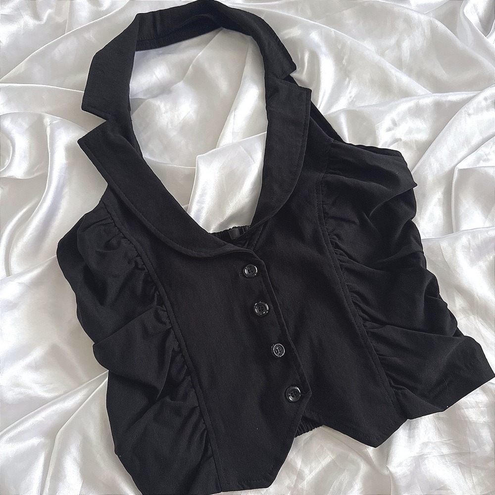 Hazel Black Halter Vest Top Ruched Button Down Waistcoat VT98113-MI Large